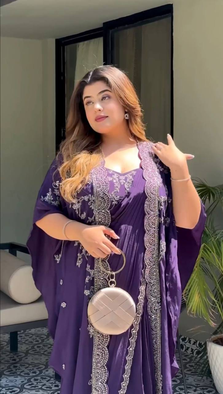 Designer Ready to Wear Purple Colour Saree With Thread And Sequence Work