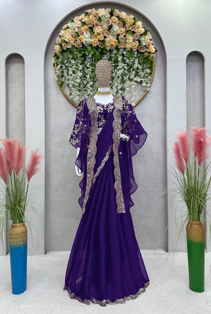 Designer Ready to Wear Purple Colour Saree With Thread And Sequence Work