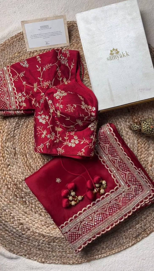 Amazing Saree on Heavy Tibby Silk Fabric With Thread And Sequences Work