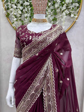 Load image into Gallery viewer, Amazing Saree on Heavy Tibby Silk Fabric With Thread And Sequences Work
