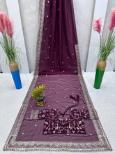 Load image into Gallery viewer, Amazing Saree on Heavy Tibby Silk Fabric With Thread And Sequences Work
