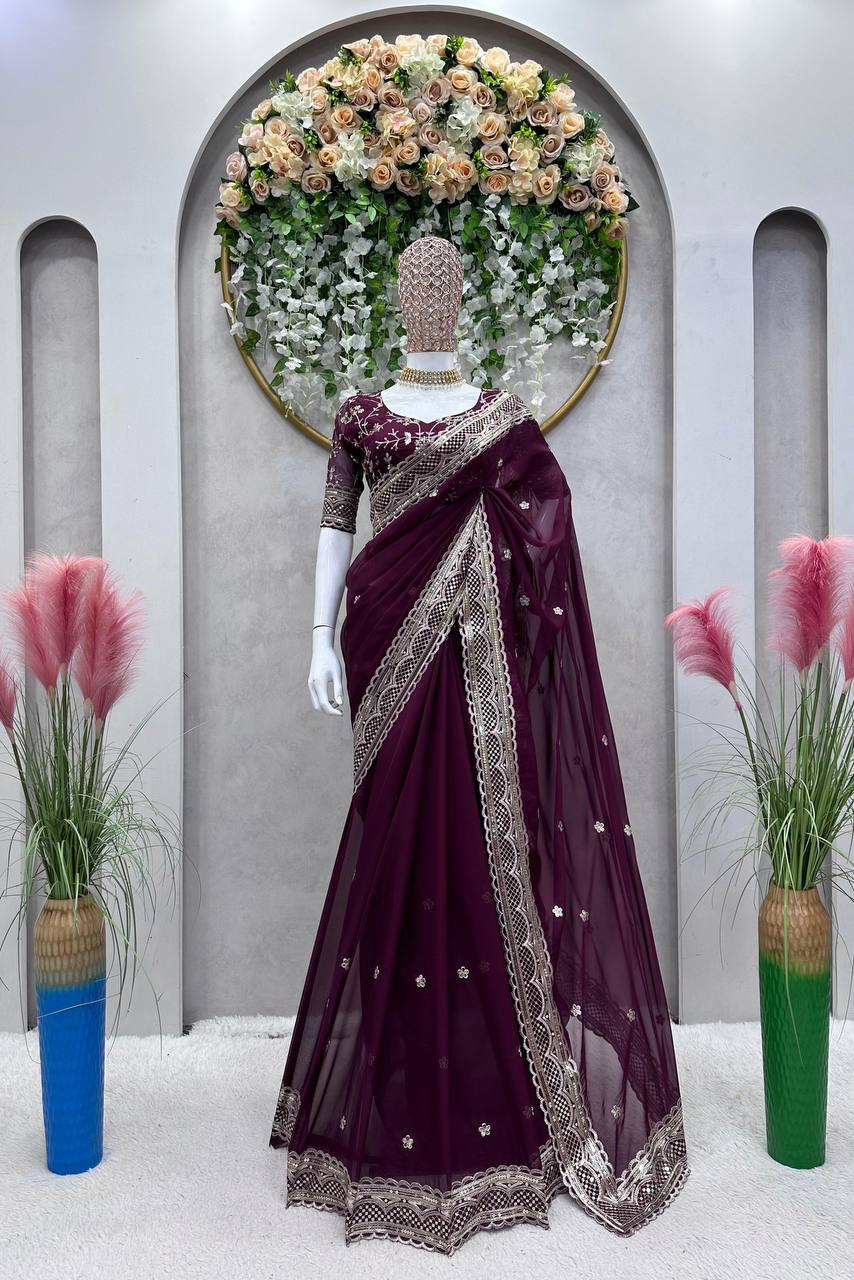 Amazing Saree on Heavy Tibby Silk Fabric With Thread And Sequences Work