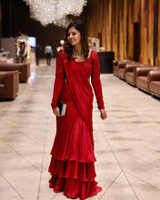 Load image into Gallery viewer, Ready To Wear Red Color Lehenga Saree With Chinon Silk Fabric
