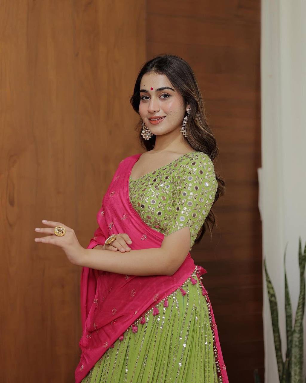 Green Georgette Fabric With Long Falir Thread & Sequences Work Lehenga Choli