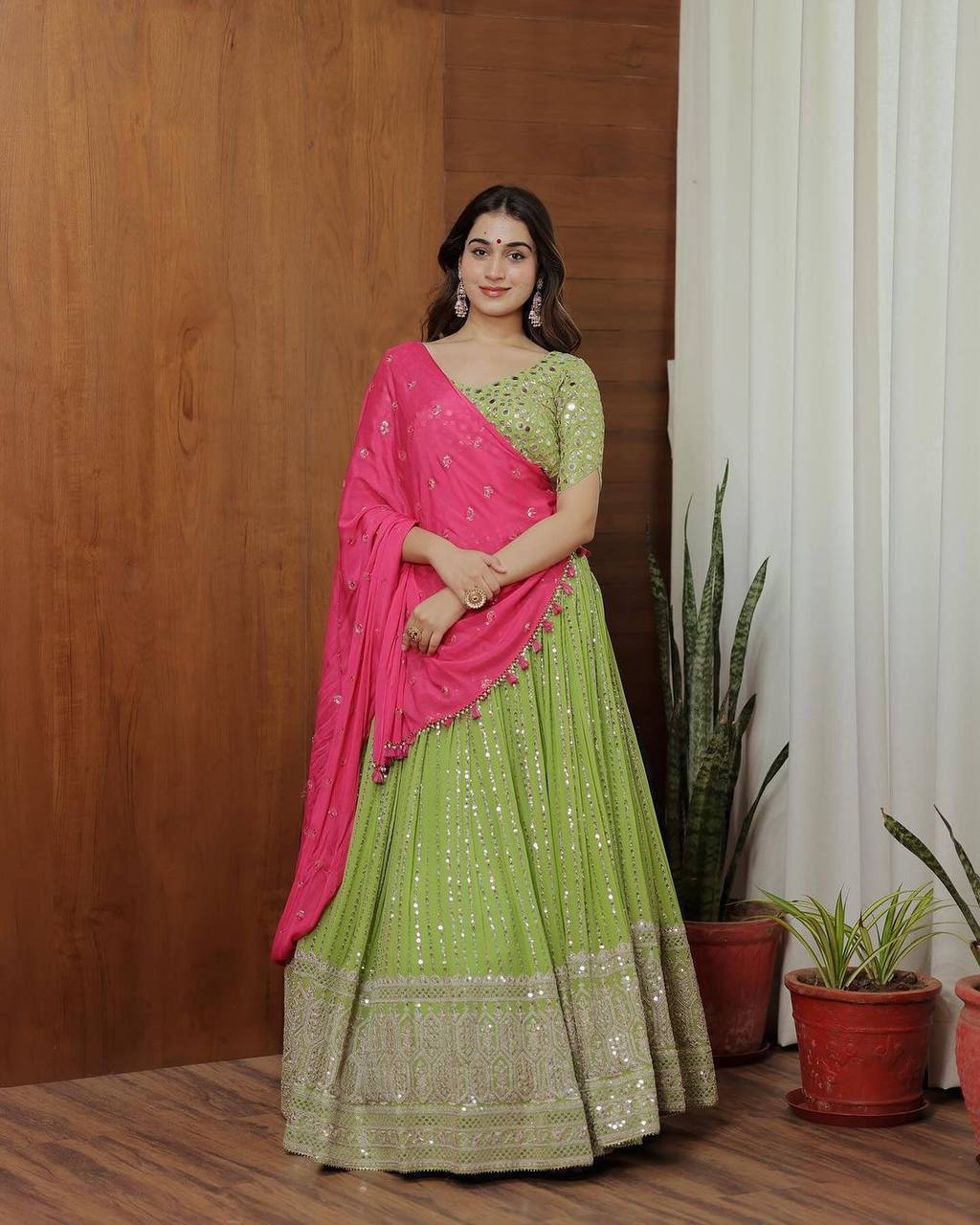 Green Georgette Fabric With Long Falir Thread & Sequences Work Lehenga Choli