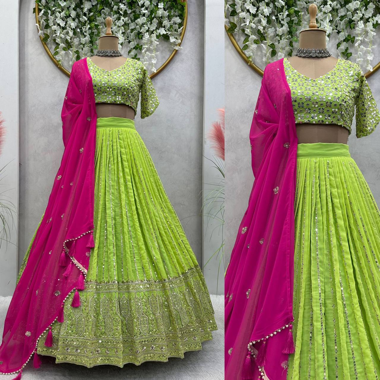 Green Georgette Fabric With Long Falir Thread & Sequences Work Lehenga Choli