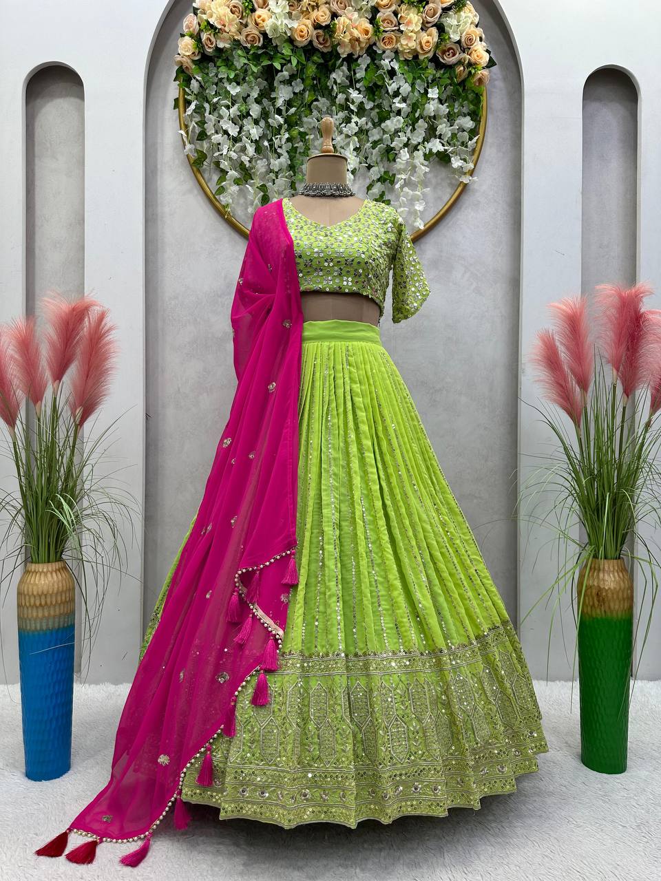 Green Georgette Fabric With Long Falir Thread & Sequences Work Lehenga Choli
