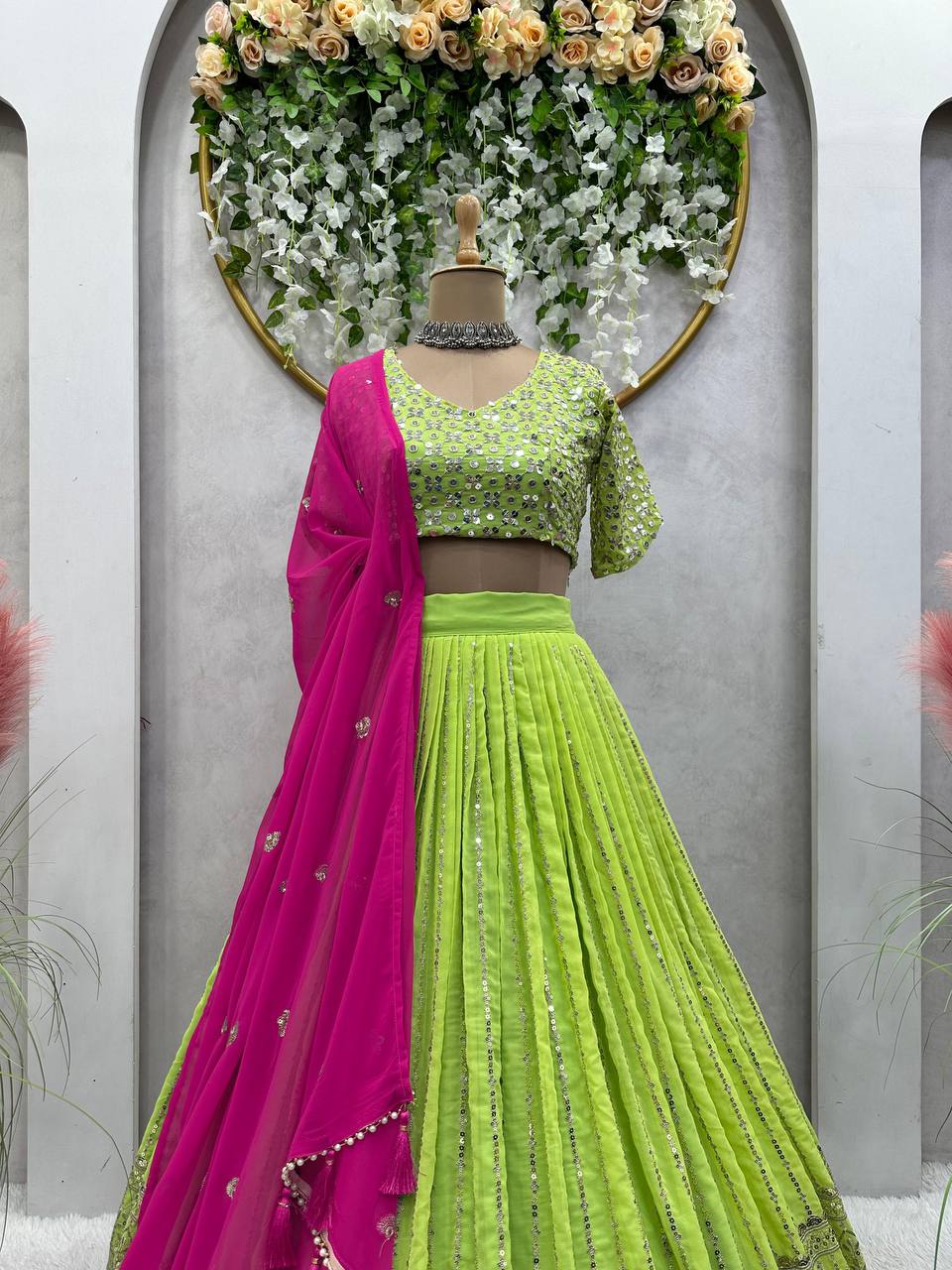 Green Georgette Fabric With Long Falir Thread & Sequences Work Lehenga Choli