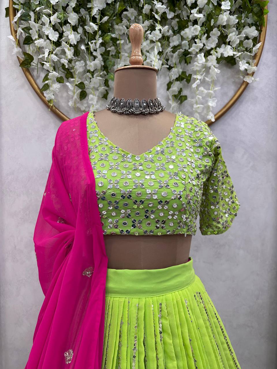 Green Georgette Fabric With Long Falir Thread & Sequences Work Lehenga Choli