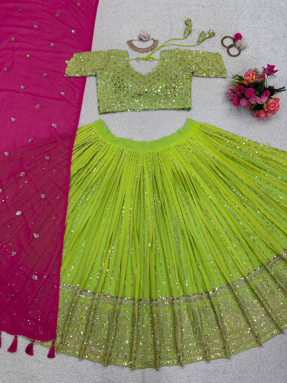 Green Georgette Fabric With Long Falir Thread & Sequences Work Lehenga Choli