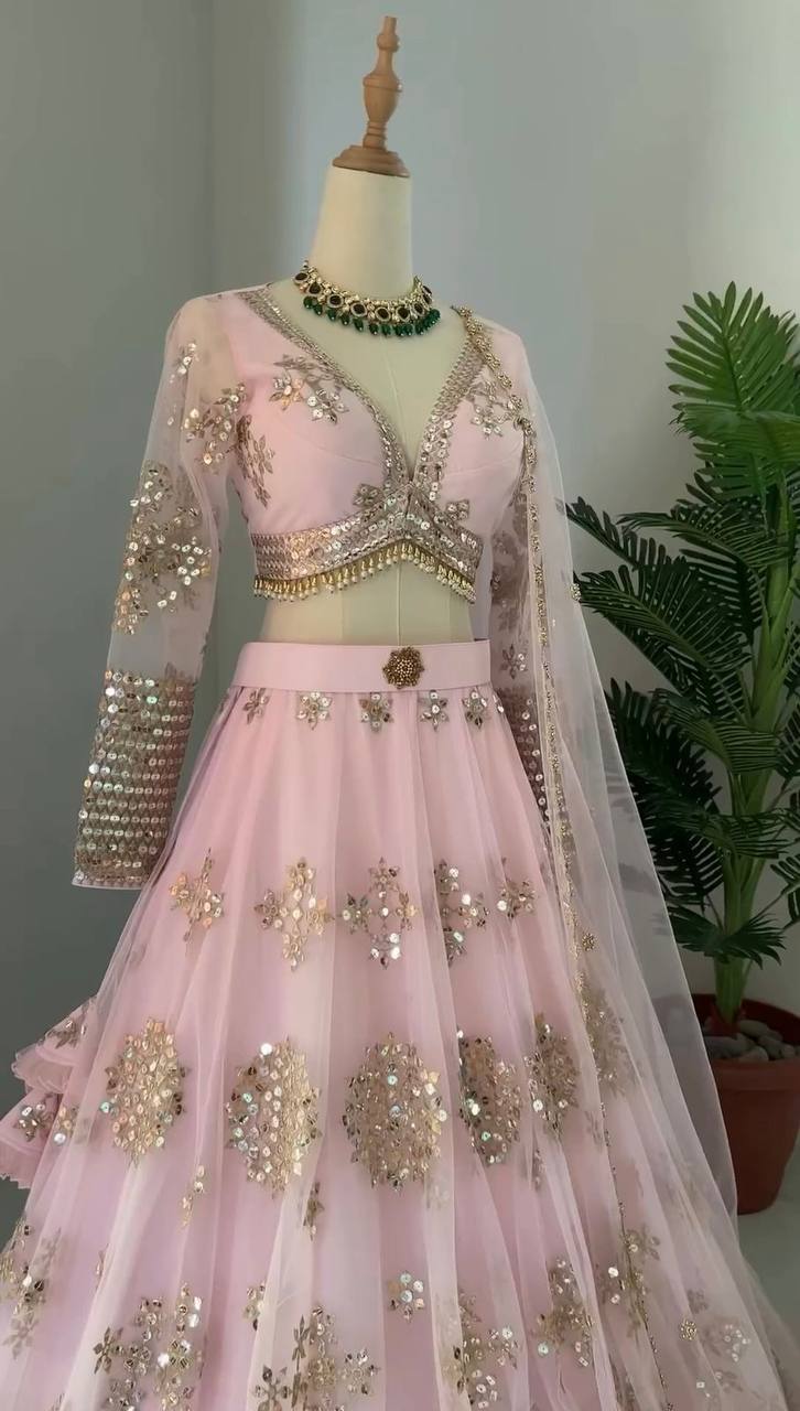 Amazing Peach Color Net Embroidered Work Wedding Wear Lehenga Choli