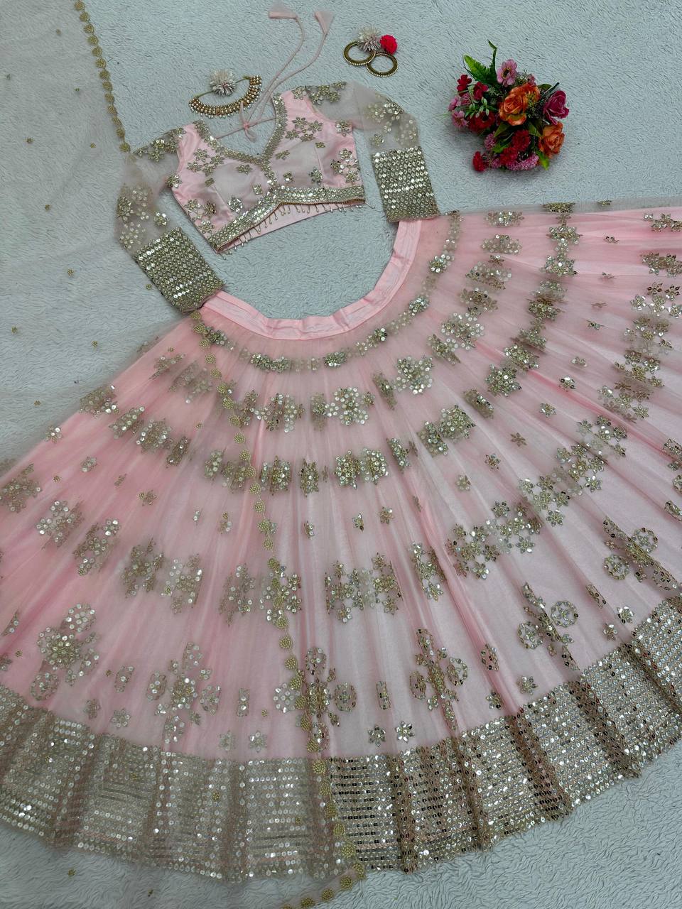 Amazing Peach Color Net Embroidered Work Wedding Wear Lehenga Choli