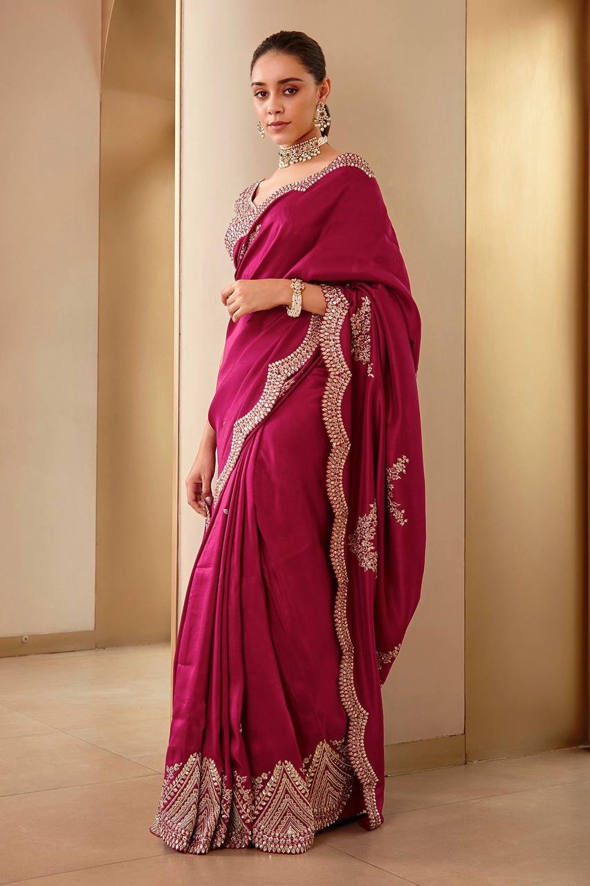 Pink Vichitra Silk Fabric Embroidery Work Saree