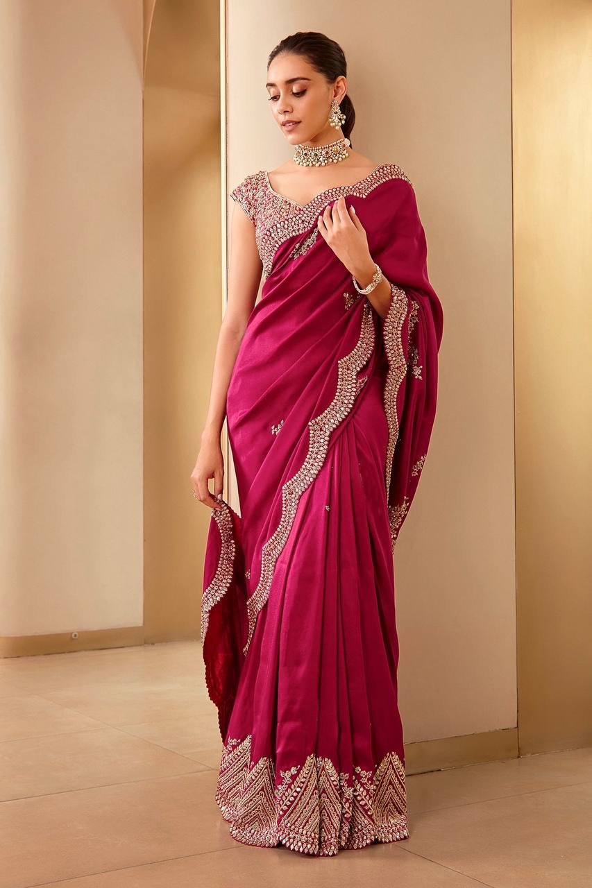 Pink Vichitra Silk Fabric Embroidery Work Saree