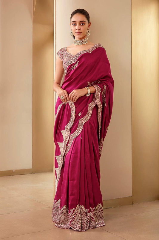 Pink Vichitra Silk Fabric Embroidery Work Saree