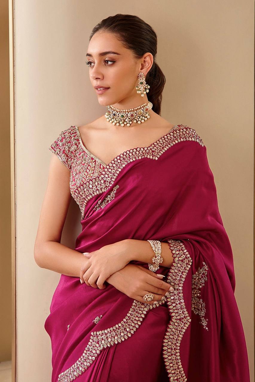 Pink Vichitra Silk Fabric Embroidery Work Saree