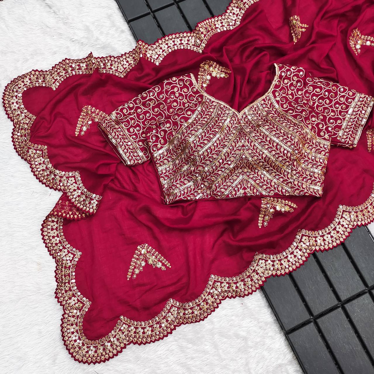 Pink Vichitra Silk Fabric Embroidery Work Saree
