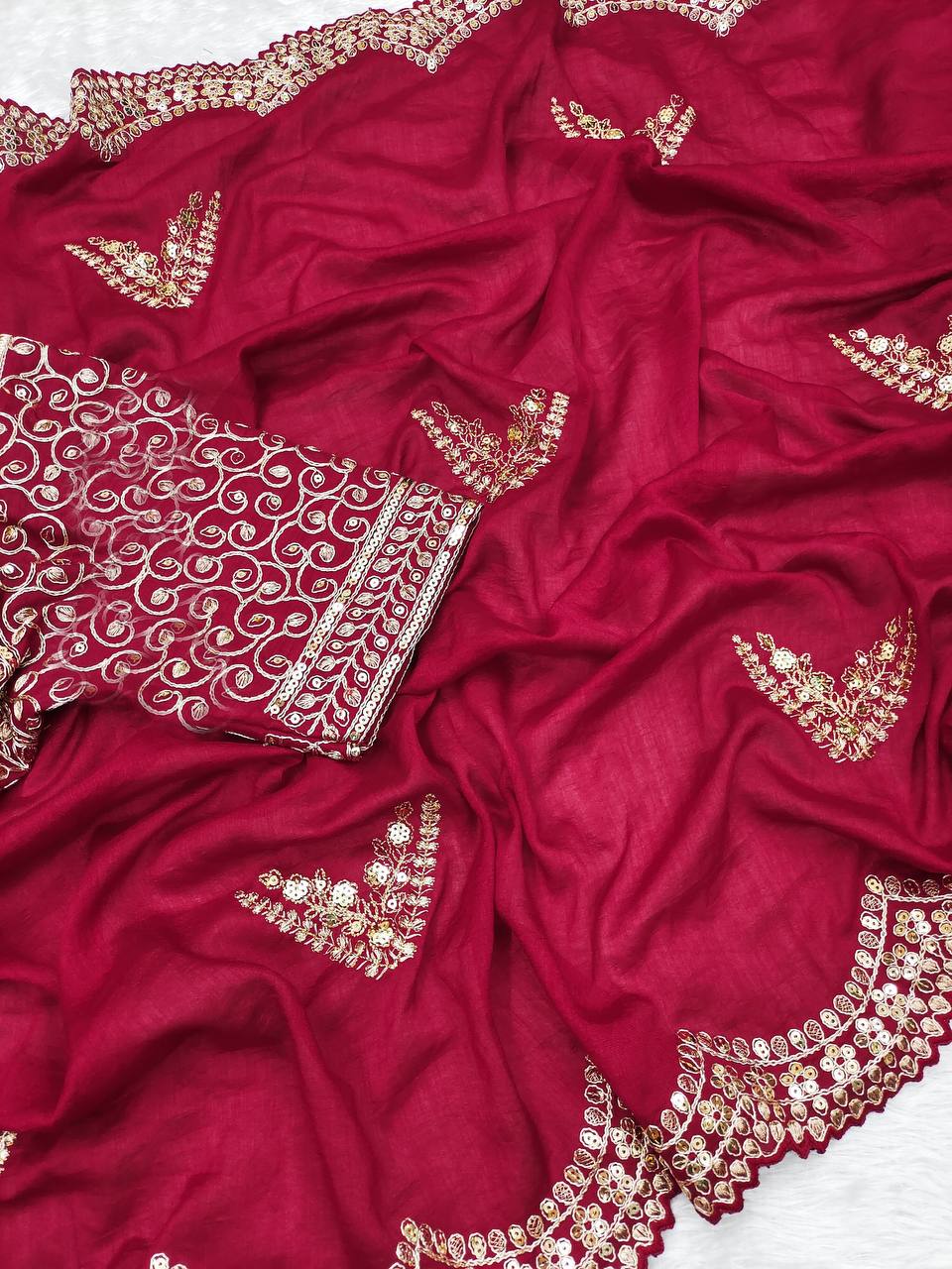 Pink Vichitra Silk Fabric Embroidery Work Saree