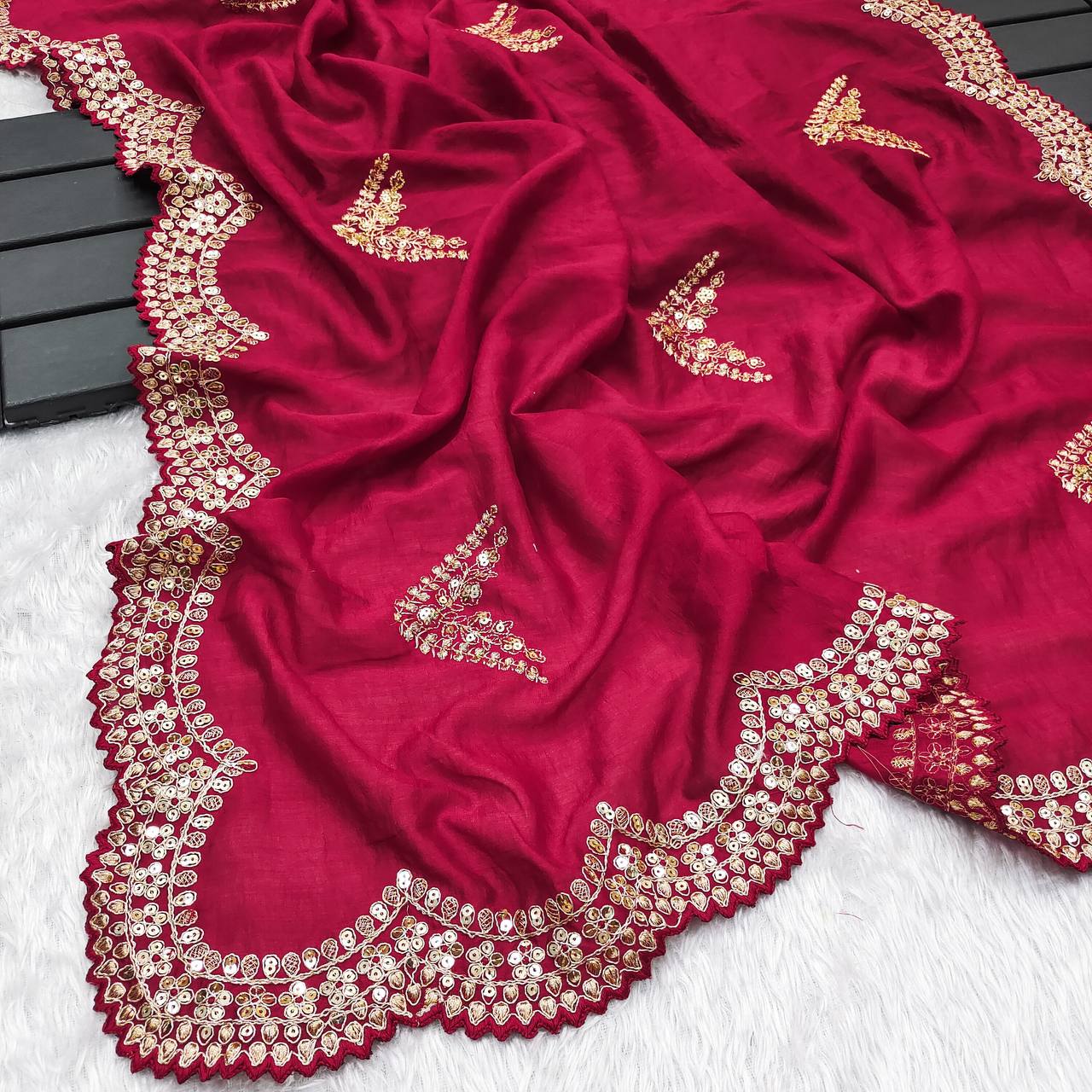 Pink Vichitra Silk Fabric Embroidery Work Saree