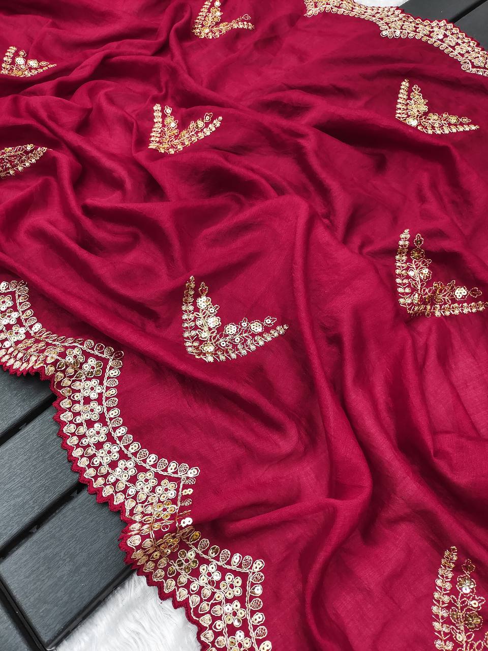 Pink Vichitra Silk Fabric Embroidery Work Saree