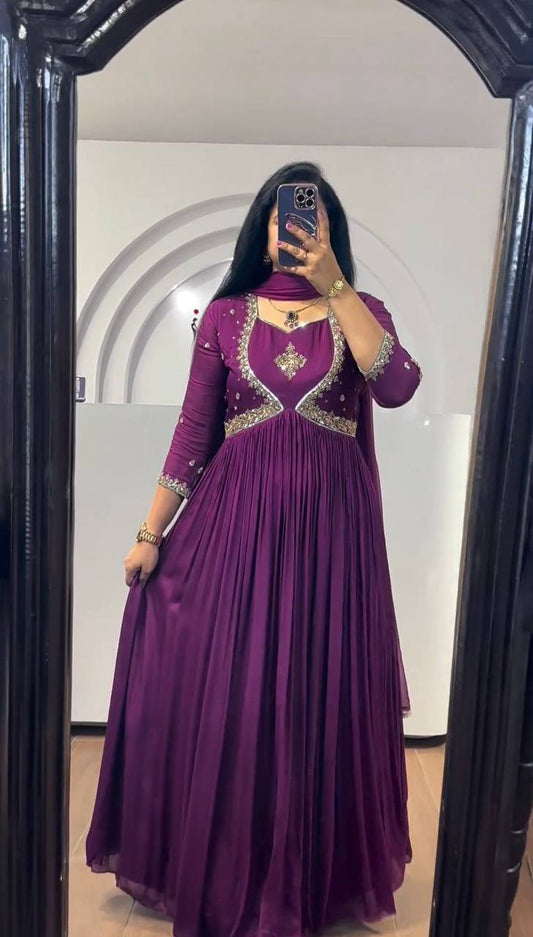 Attractive Chinon Silk Thread Work Ready to Wear Gown