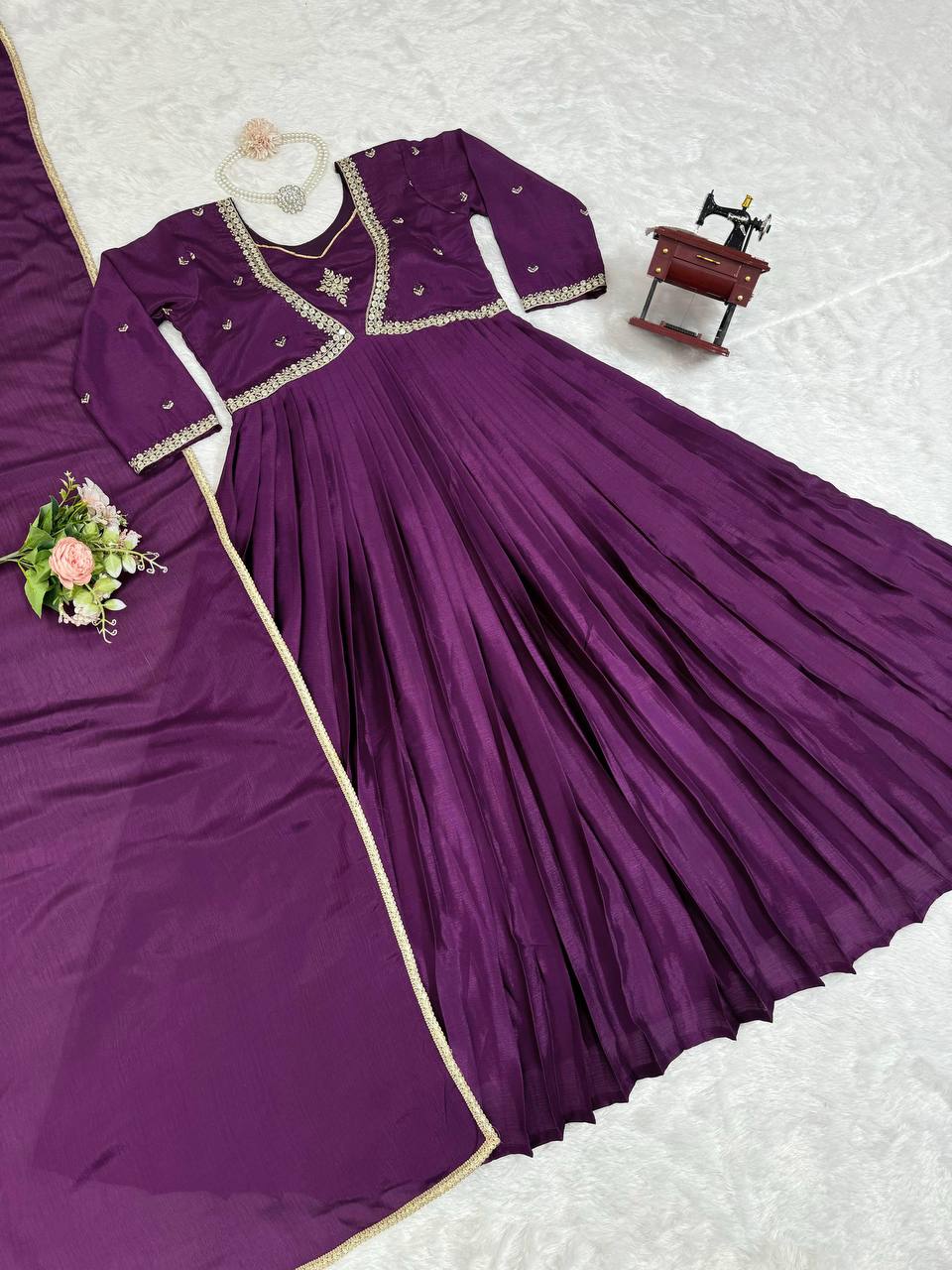 Attractive Chinon Silk Thread Work Ready to Wear Gown
