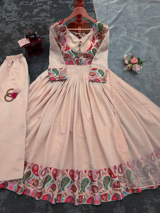 Designer Peach Colour Roman Silk Fabric Thread Work Anarkali Suit With Dupatta