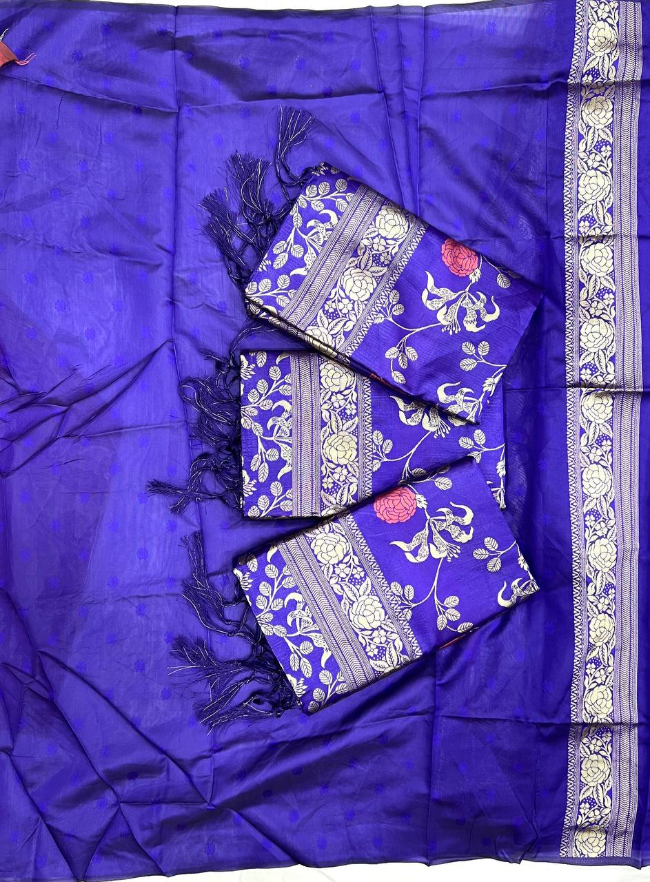 Royal Blue Lichi Silk Jacquard Weaving Beautiful Designer Saree