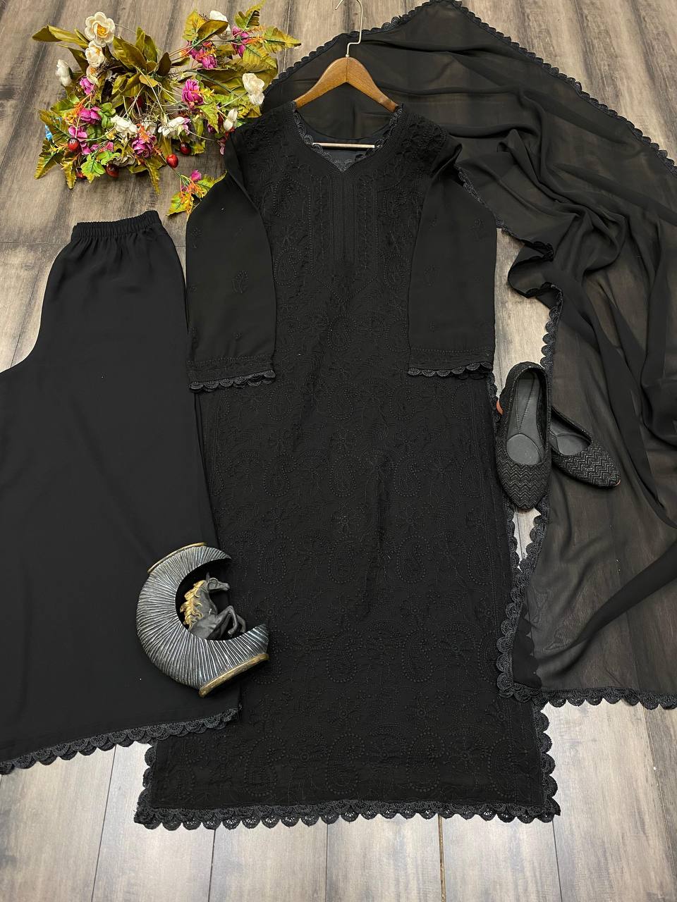Black Cotton Thread Work Ethnic Stitched Suit Set For Girls