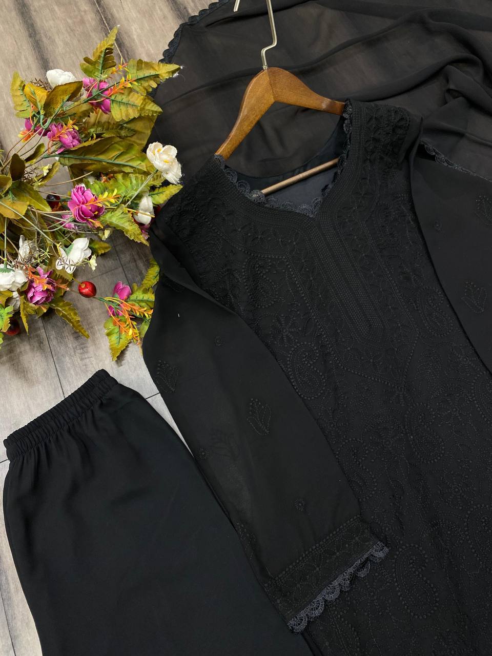 Black Cotton Thread Work Ethnic Stitched Suit Set For Girls