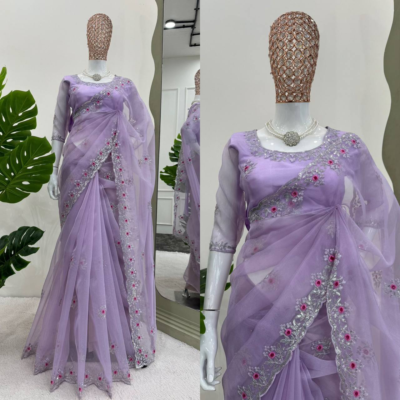 Attractive Purple Colour Organza Silk Thread Work Saree With Fully Stitched Blouse