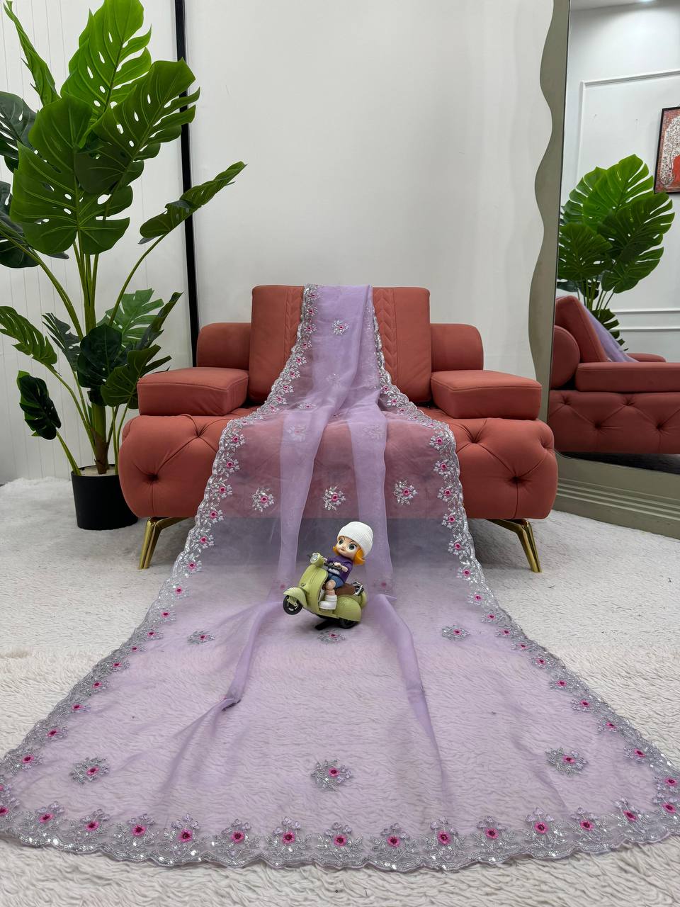 Attractive Purple Colour Organza Silk Thread Work Saree With Fully Stitched Blouse