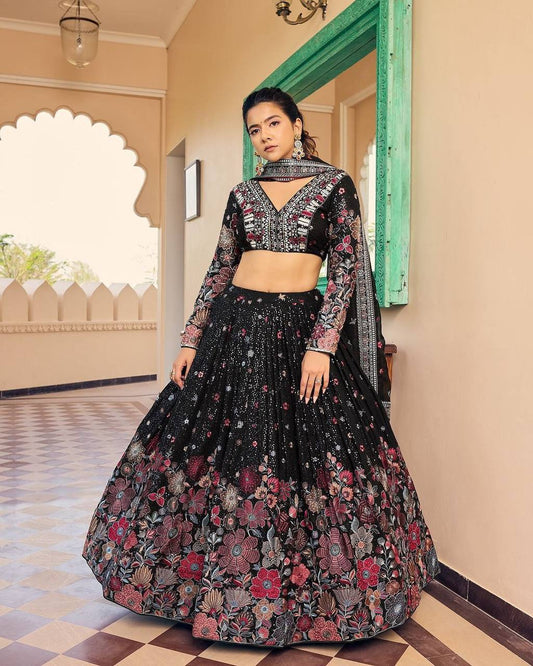 Gorgeous Black Colour Georgette Fabric Thread Work Wedding Wear Lehenga Choli