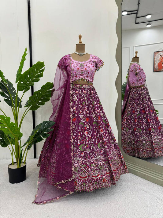 Party Wear Georgette Heavy Work  Wine Color Top With Lehenga