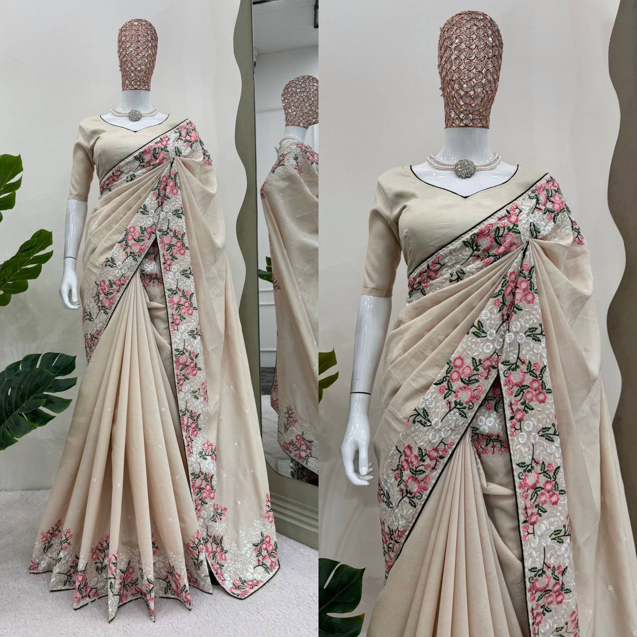 Amazing Roman Silk Fabric Thread Work With Paiping Saree