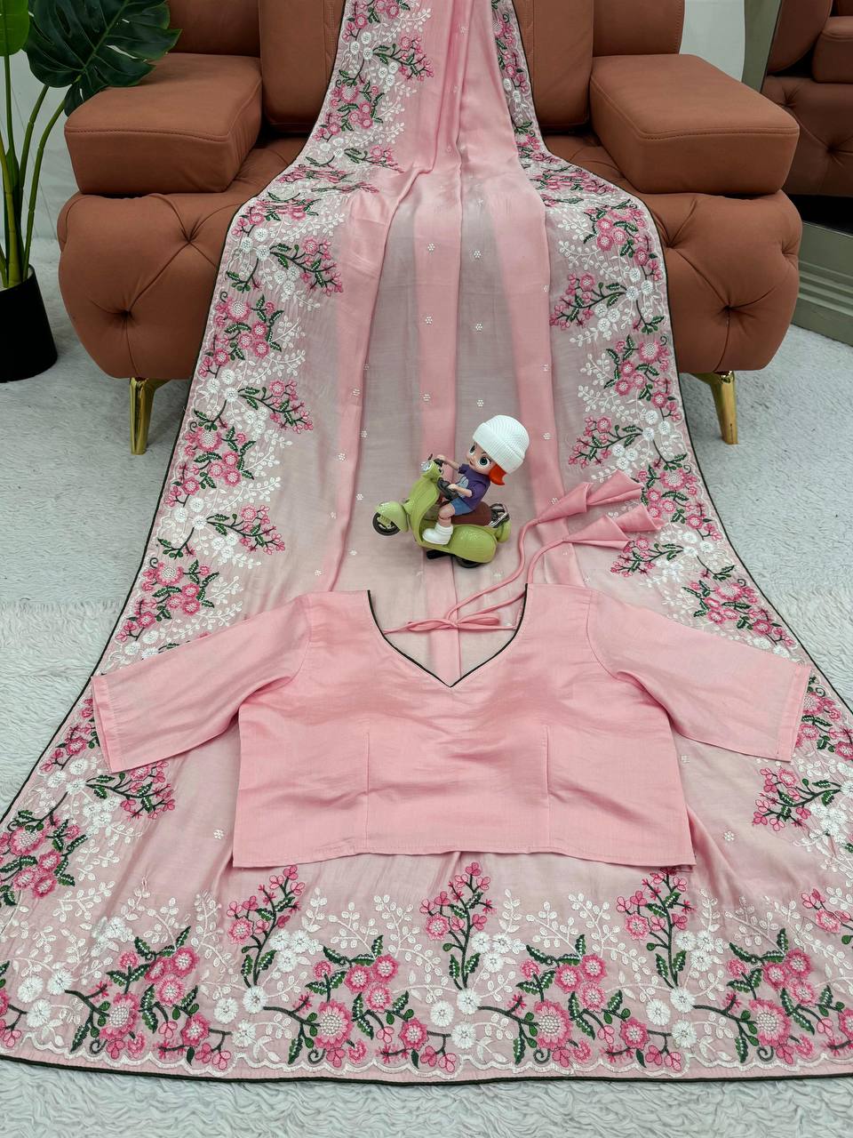 Amazing Roman Silk Fabric Thread Work With Paiping Saree