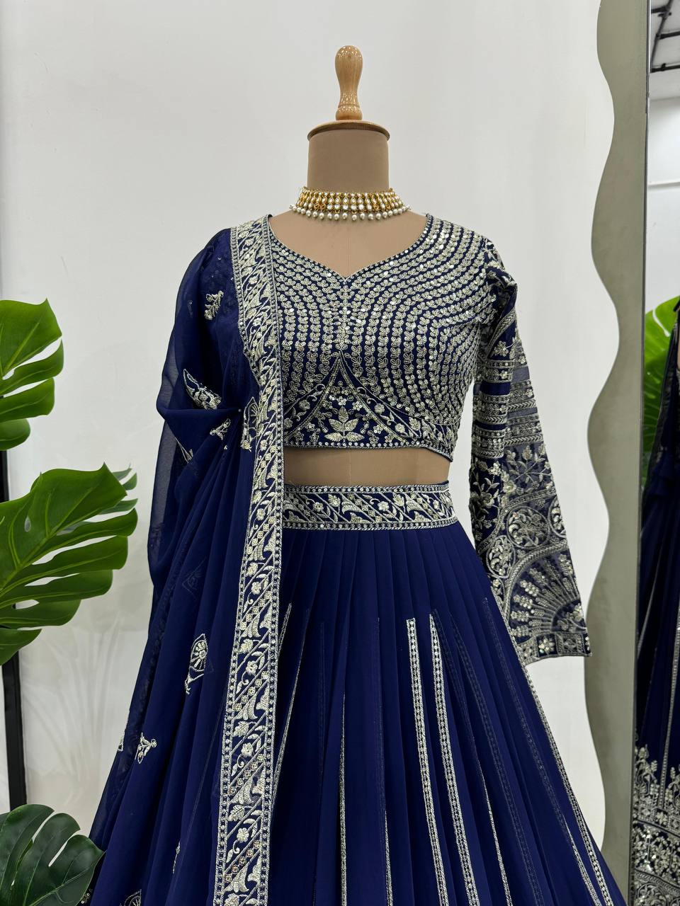 Navy Blue Georgette Sequins Heavy Embroidered Work Lehenga Choli