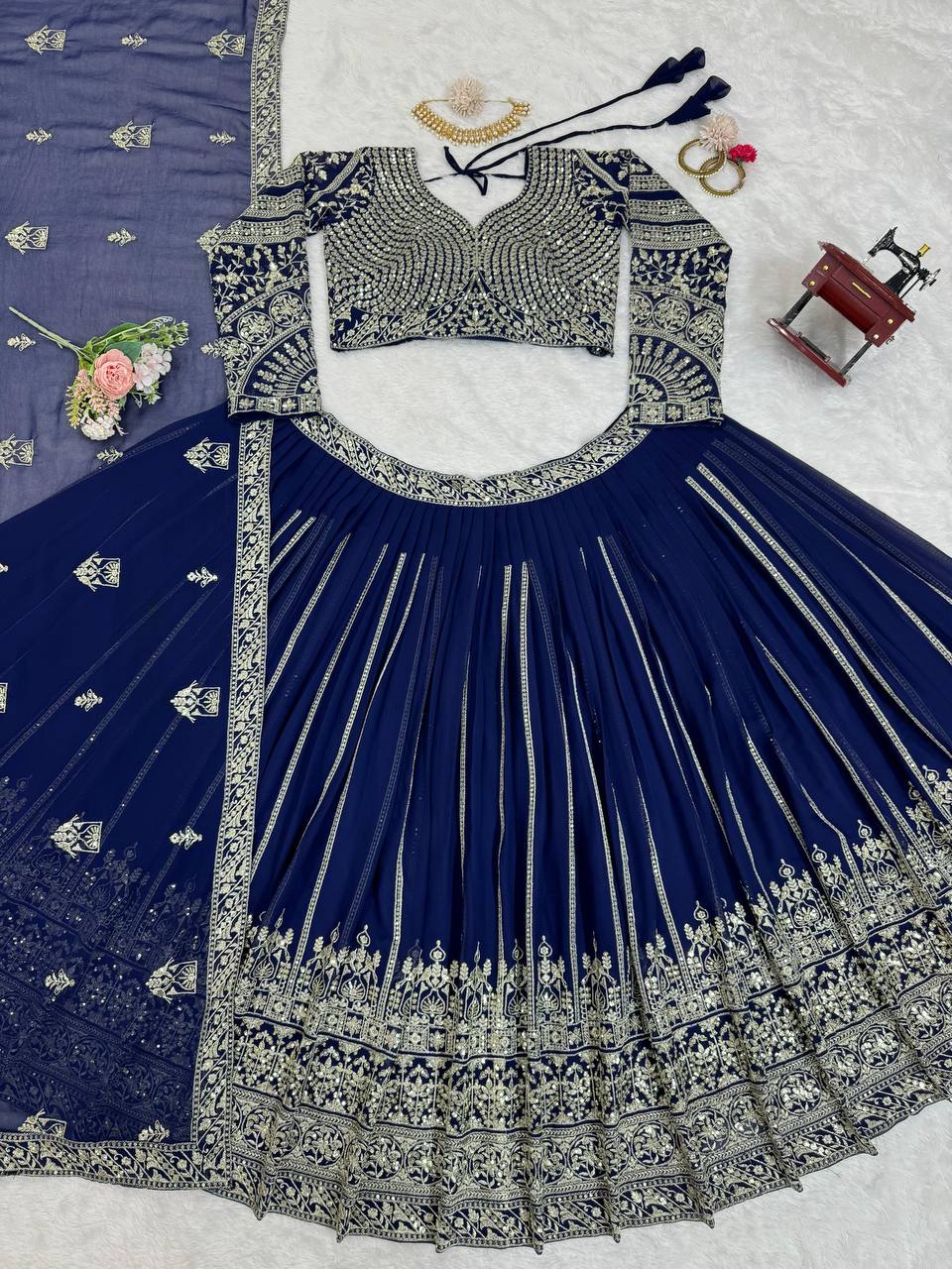 Navy Blue Georgette Sequins Heavy Embroidered Work Lehenga Choli