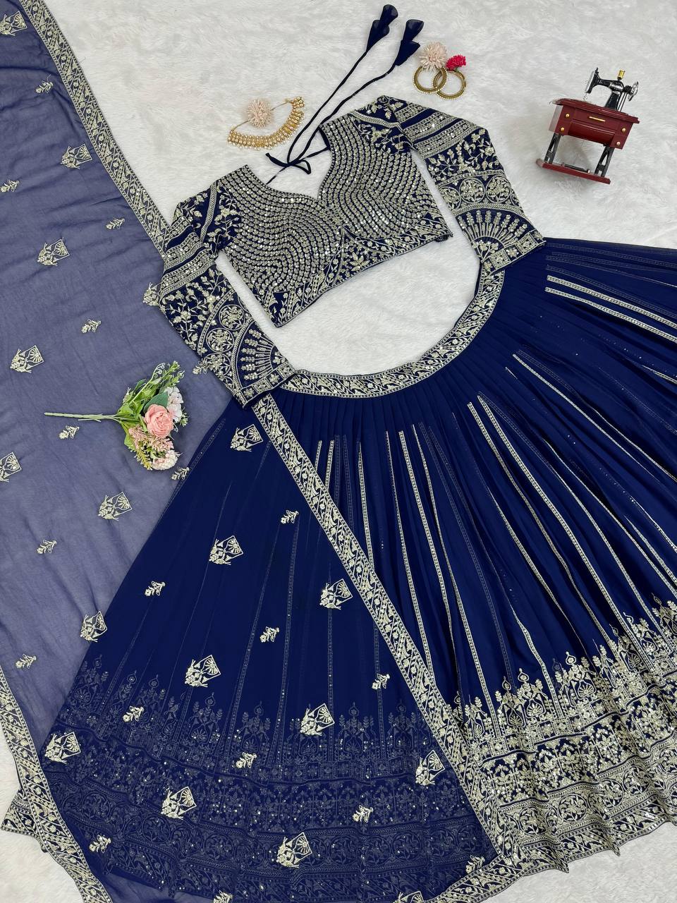 Navy Blue Georgette Sequins Heavy Embroidered Work Lehenga Choli