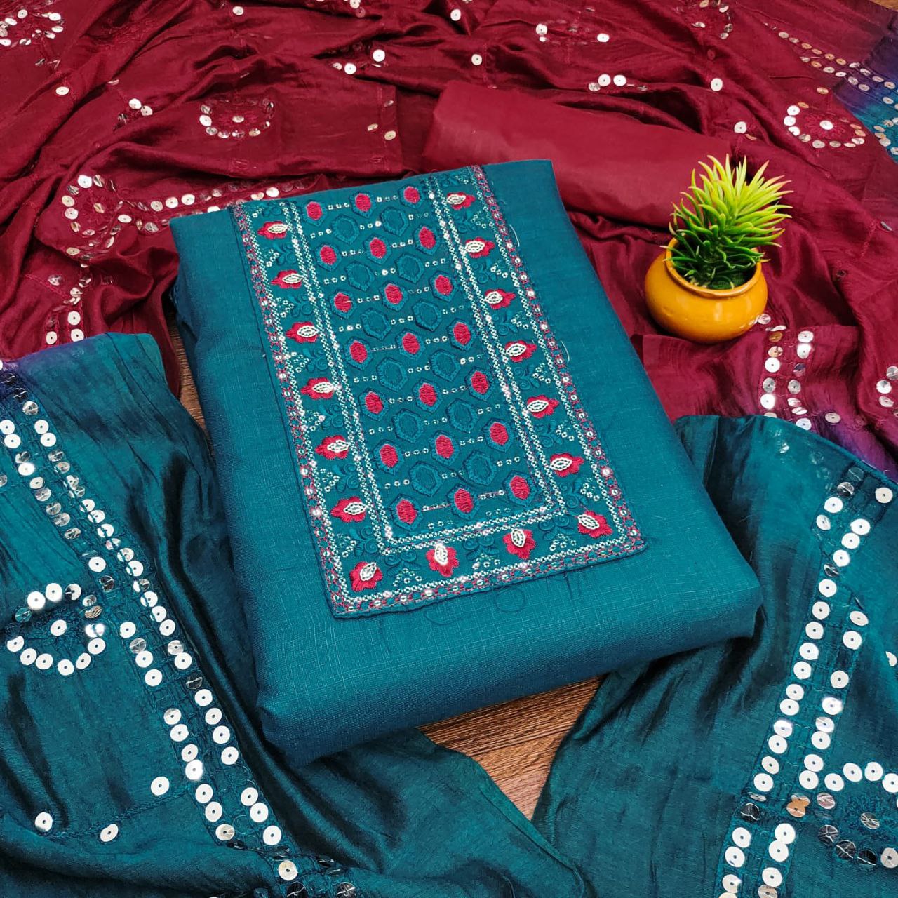 Latest Cotton Dress Material With Multi Sequence Work