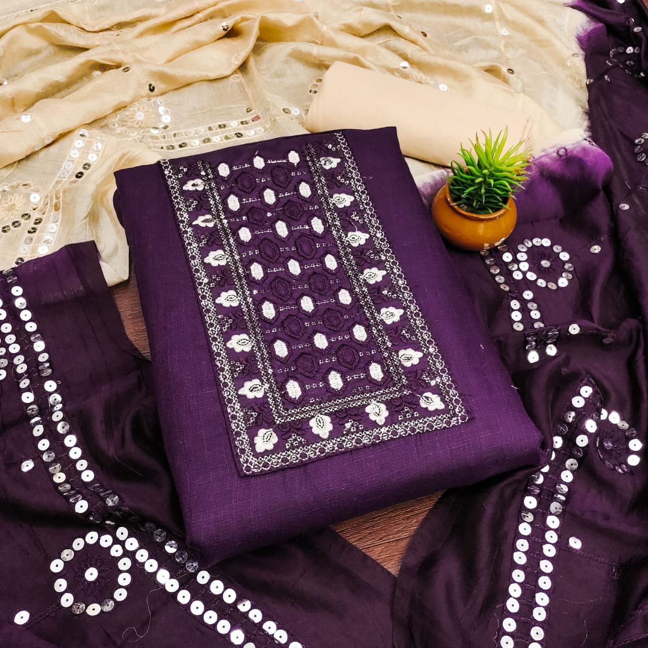 Latest Cotton Dress Material With Multi Sequence Work