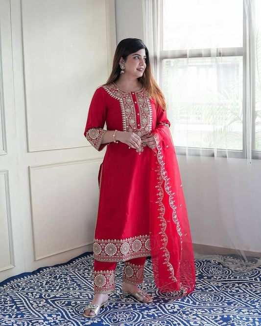 New Designer Red Silk Solid Embroidered Straight Plazzo Suit Set