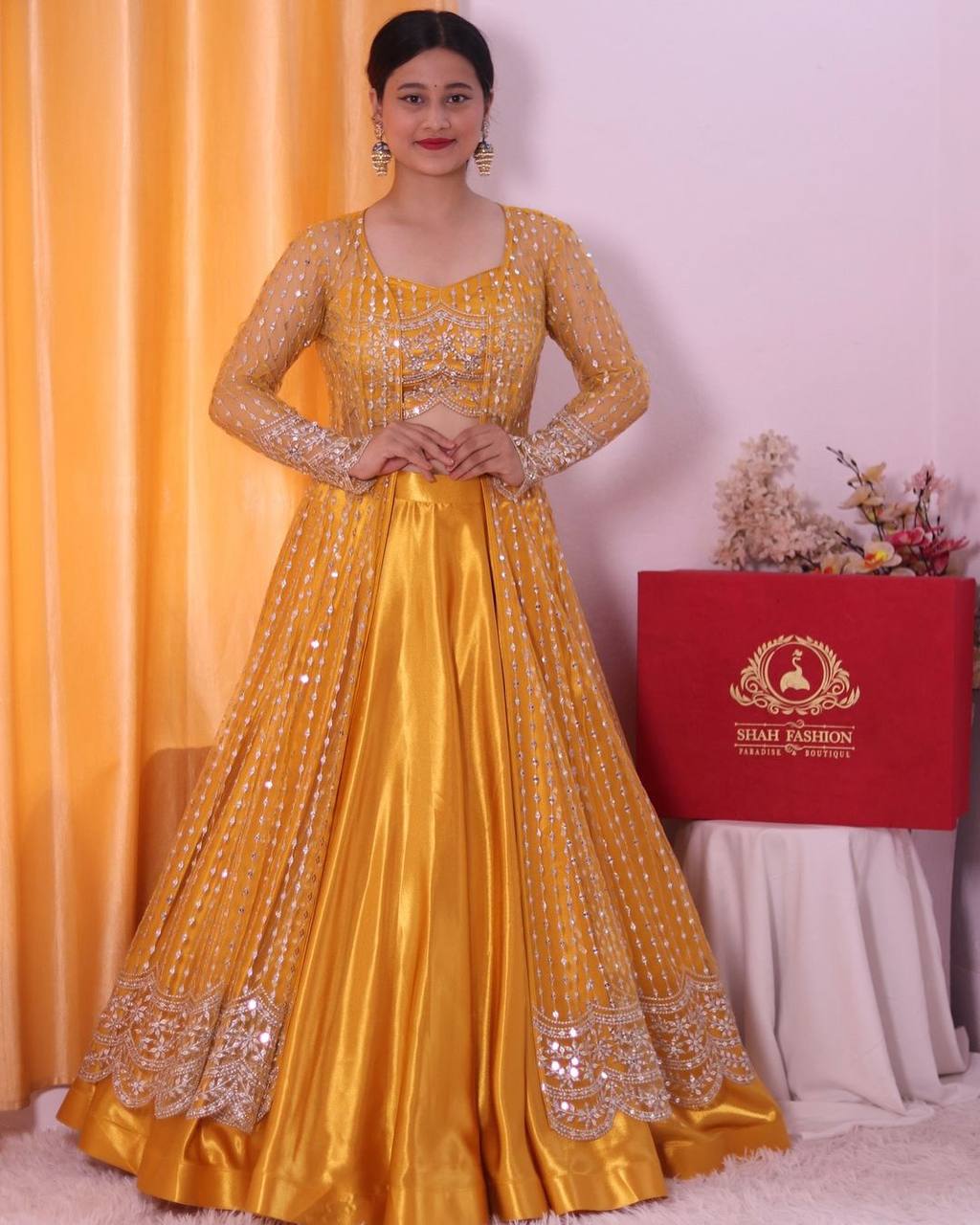 Thrilling Yellow Color Wedding Wear Malay Silk Satin Embroidered Multi Sequence Work Lehenga Choli
