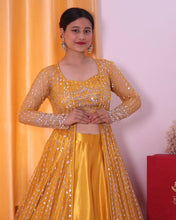 Load image into Gallery viewer, Thrilling Yellow Color Wedding Wear Malay Silk Satin Embroidered Multi Sequence Work Lehenga Choli

