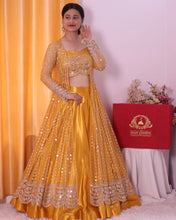 Load image into Gallery viewer, Thrilling Yellow Color Wedding Wear Malay Silk Satin Embroidered Multi Sequence Work Lehenga Choli
