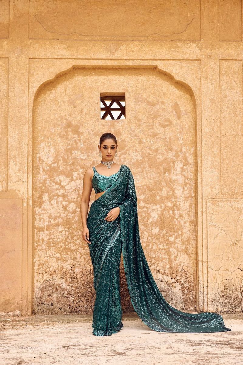 Party Wear Diwali Special Rama Green Color Embroidery Work Saree 2024