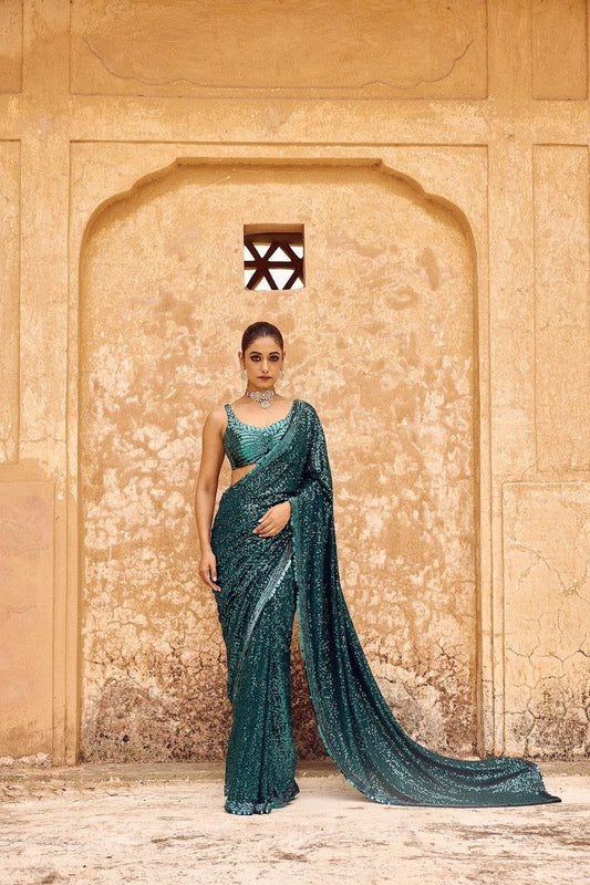 Party Wear Diwali Special Rama Green Color Embroidery Work Saree 2024