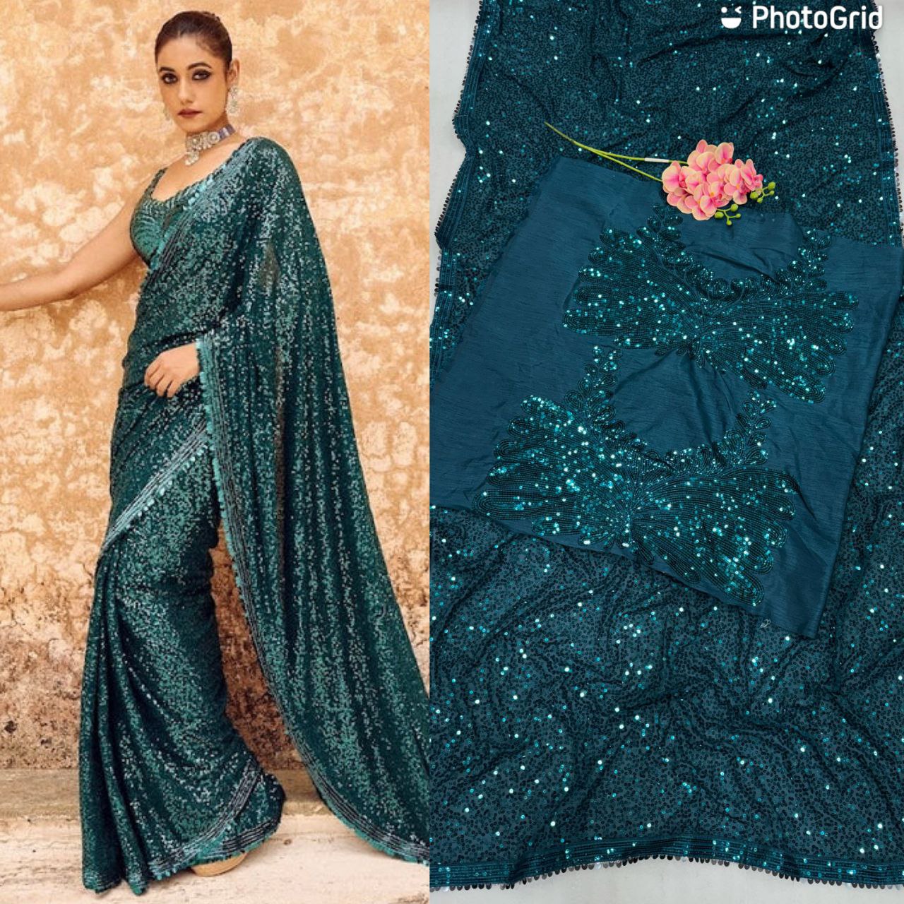 Party Wear Diwali Special Rama Green Color Embroidery Work Saree 2024
