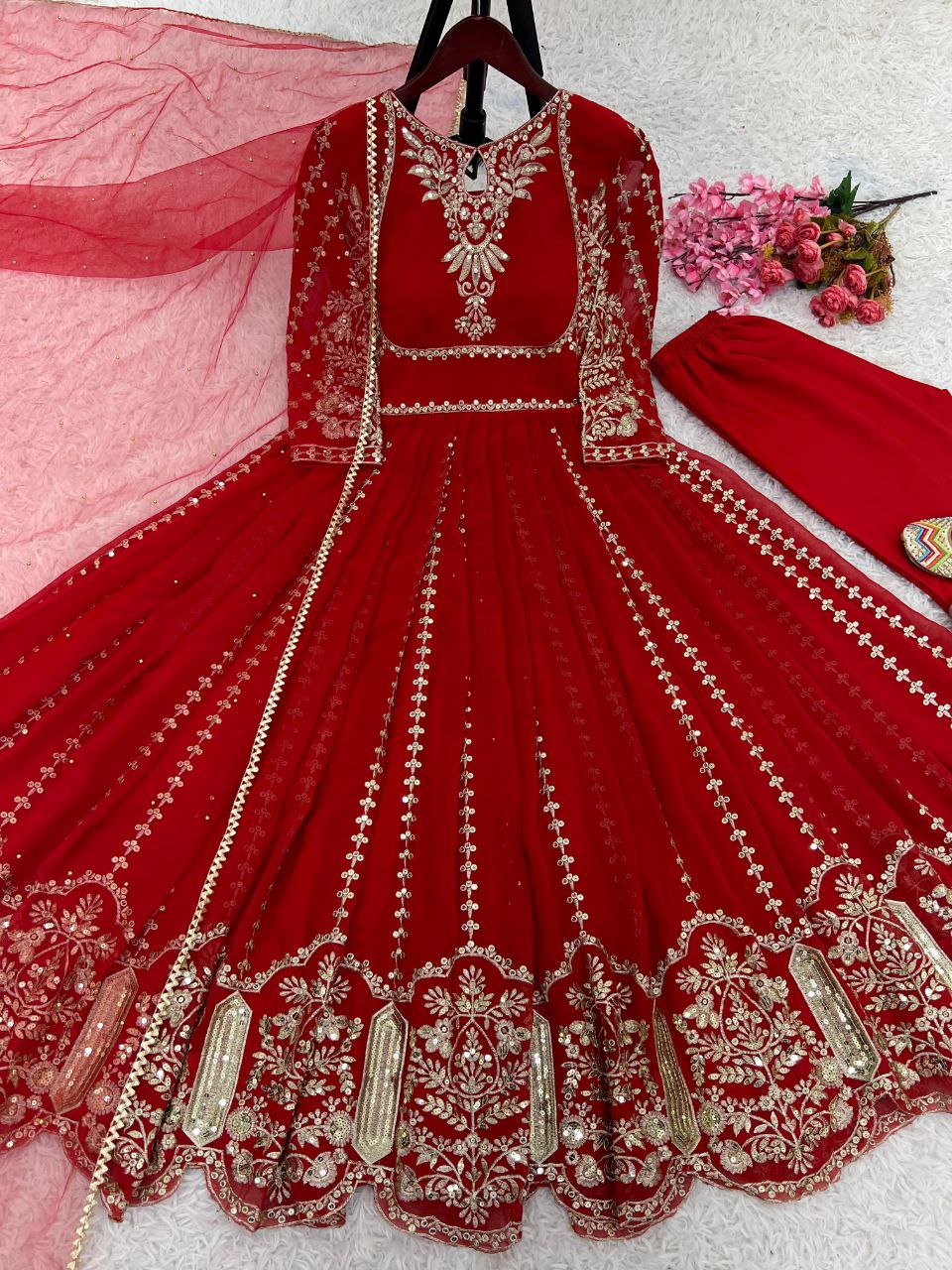 Designer Red Georgette Diwali Special Anarkali Gown With Dupatta