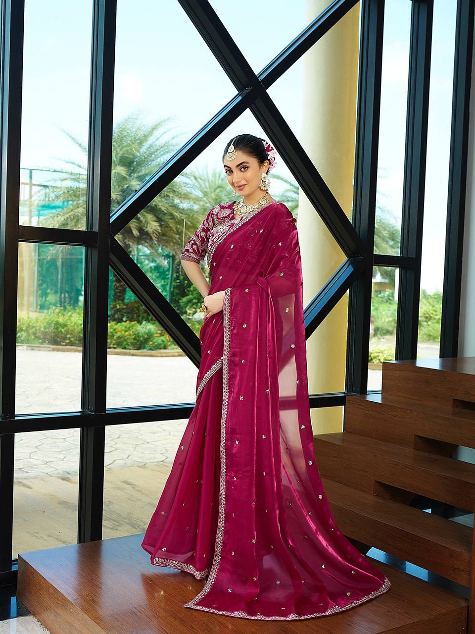 Beautiful Pink Colour Jimmy Chhu Silk Thread  Work Saree